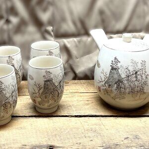 Vintage Chinese Tea Set, Yamahyo Cottage Mill - Pot, Lid and 5 Cups